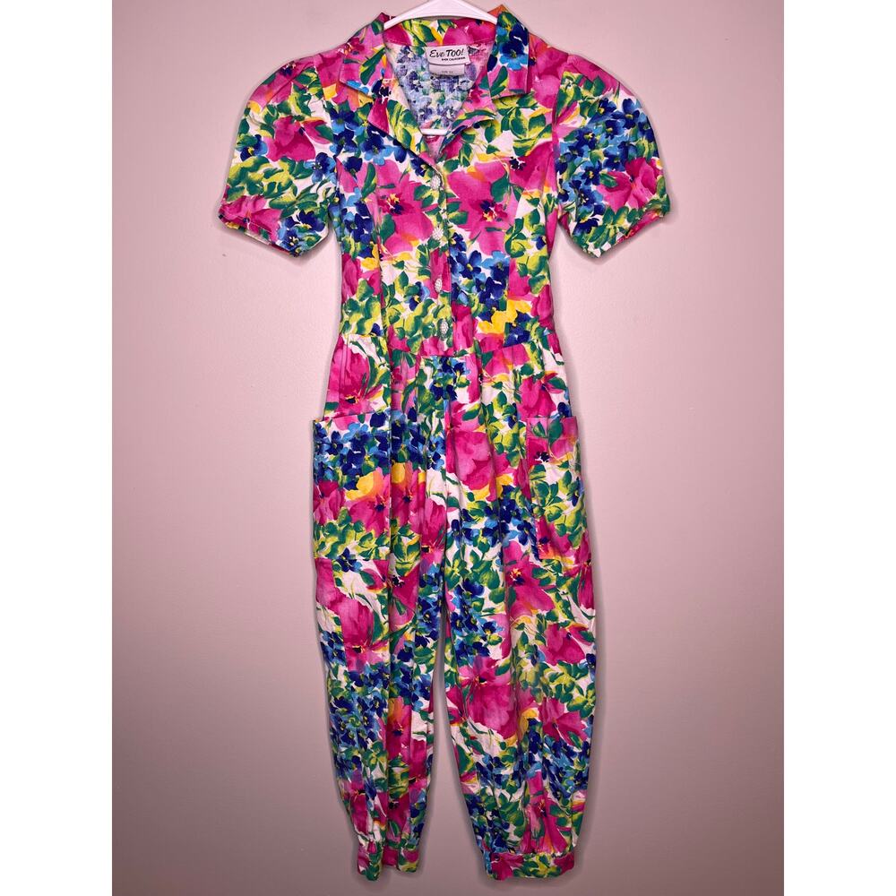 1990s Eve Too Byer Rainbow Floral Pearls Spring Pockets Kids Girls Jumpsuit 6X